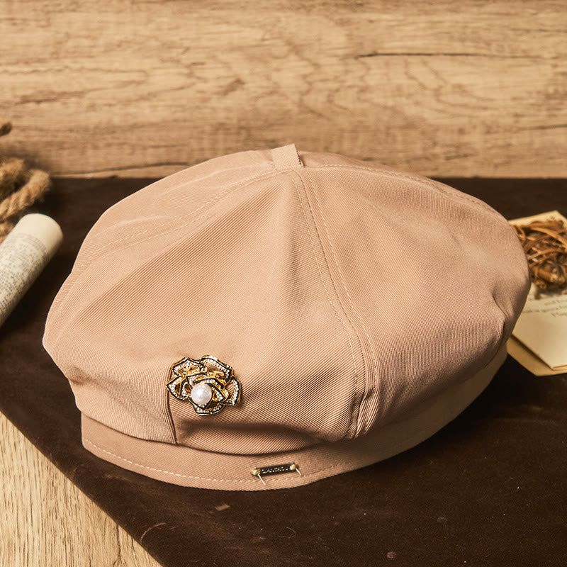 Cappello estivo da donna con perle e rose nere retrò - Cachi - Regolabile (21 5/8"-23 1/4") - image 0