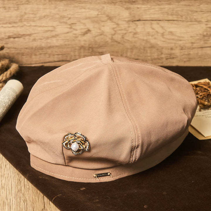 Cappello estivo da donna con perle e rose nere retrò - Cachi - Regolabile (21 5/8"-23 1/4") - image 0