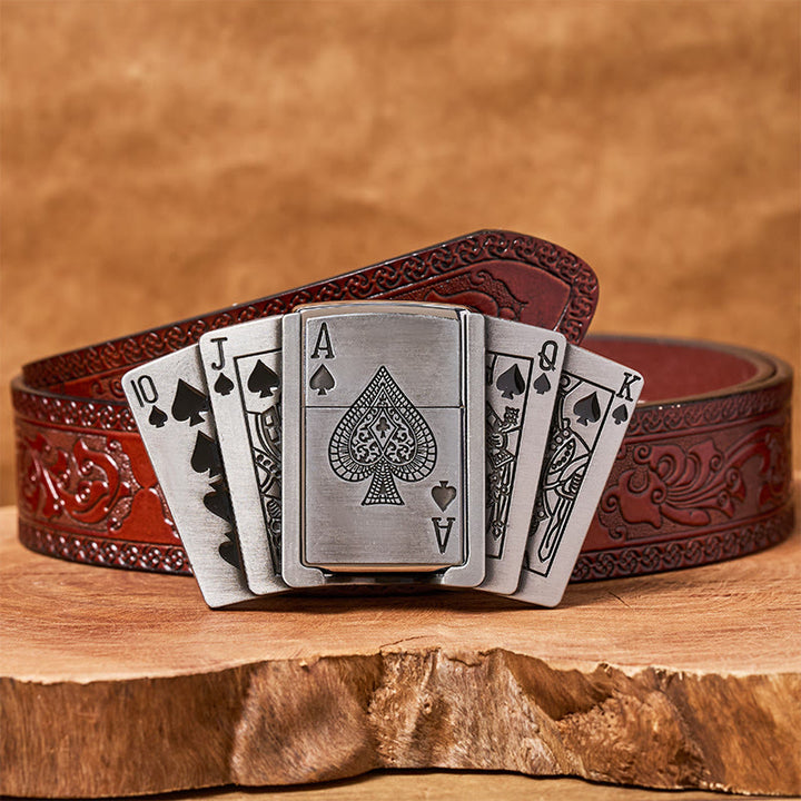Cintura in pelle fai da te da uomo con accendino nascosto - Poker - Cintura marrone intagliata - 42 - image 9