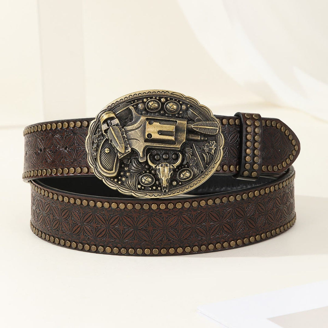 Cintura in pelle da uomo con emblema retrò intagliato a forma di pistola e teschio di toro - Caffè - 44 - image 0