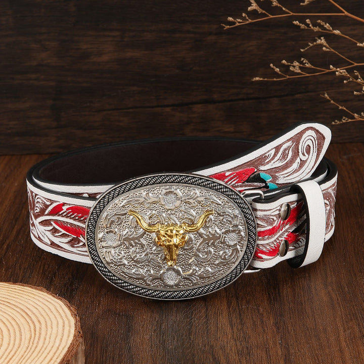 Cintura in pelle da uomo in stile western con emblema a teschio di toro bicolore - Bianco - 46 - image 0