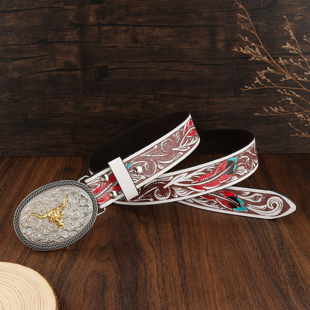 Cintura in pelle da uomo in stile western con emblema a teschio di toro bicolore - image 2