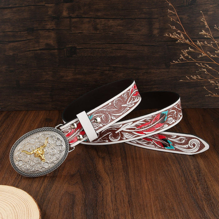 Cintura in pelle da uomo in stile western con emblema a teschio di toro bicolore - image 2