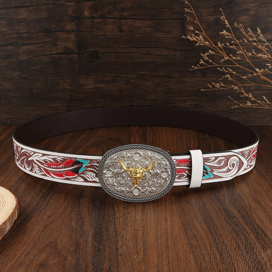 Cintura in pelle da uomo in stile western con emblema a teschio di toro bicolore - image 3