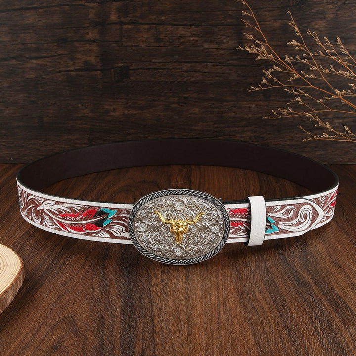 Cintura in pelle da uomo in stile western con emblema a teschio di toro bicolore - image 3