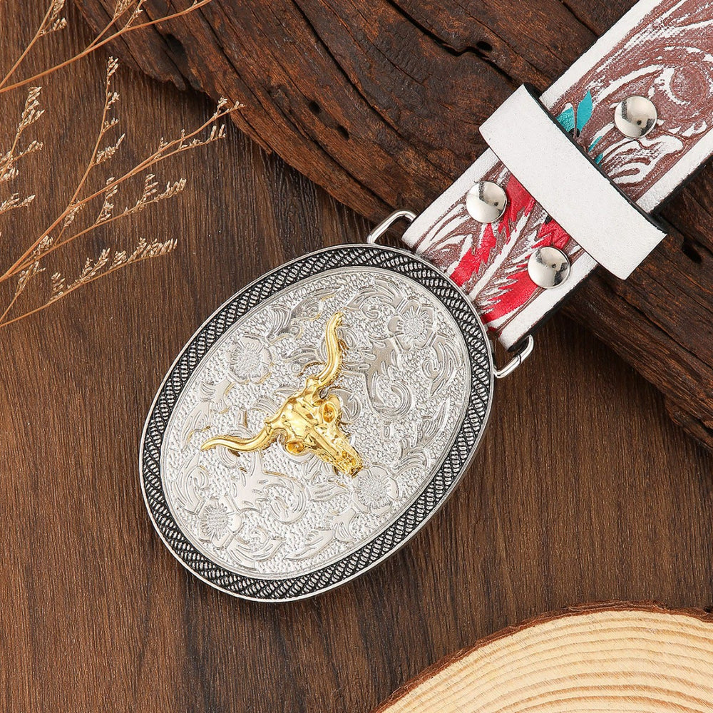 Cintura in pelle da uomo in stile western con emblema a teschio di toro bicolore - image 1