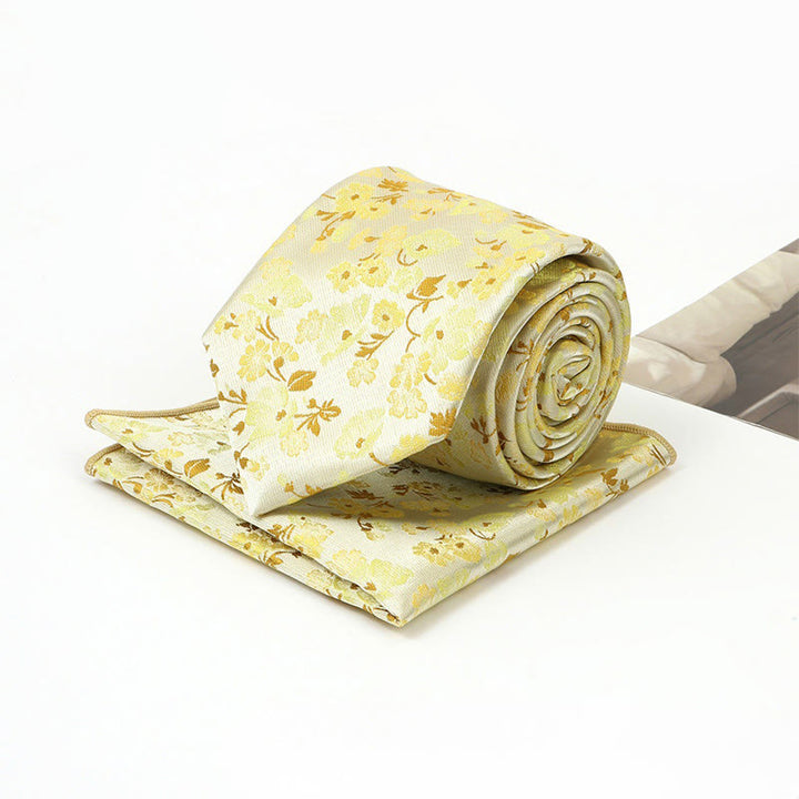 Set da uomo con cravatta e fazzoletto da taschino in jacquard floreale neutro - image 5