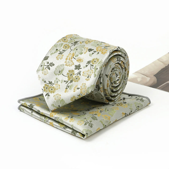 Set da uomo con cravatta e fazzoletto da taschino in jacquard floreale neutro - image 7