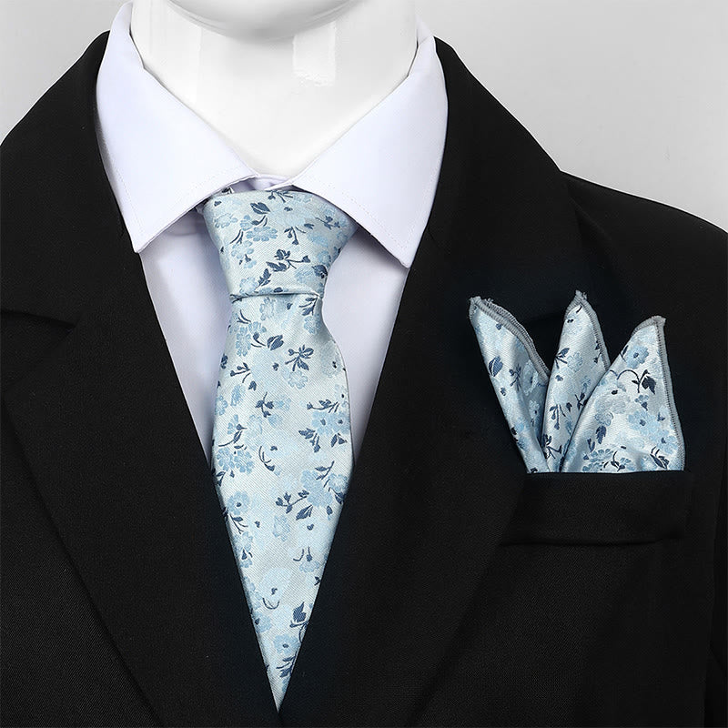 Set da uomo con cravatta e fazzoletto da taschino in jacquard floreale neutro - Azzurro chiaro - image 0