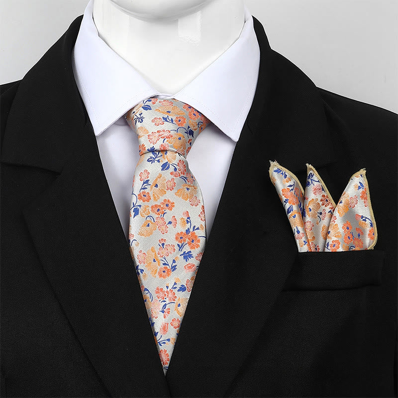 Set da uomo con cravatta e fazzoletto da taschino in jacquard floreale neutro - Arancia - image 2