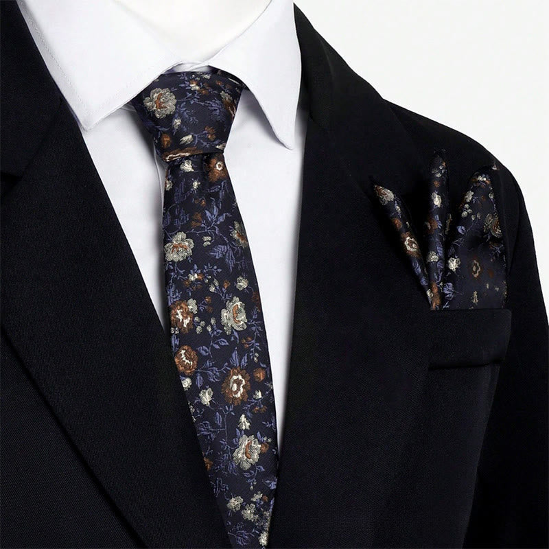 Set da uomo con cravatta e fazzoletto da taschino in jacquard floreale vintage - Nero - image 3