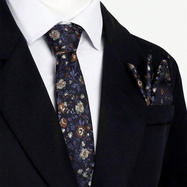 Set da uomo con cravatta e fazzoletto da taschino in jacquard floreale vintage - Nero - image 3