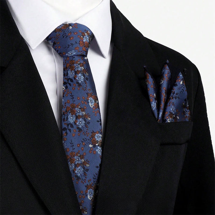Set da uomo con cravatta e fazzoletto da taschino in jacquard floreale vintage - Blu - image 0