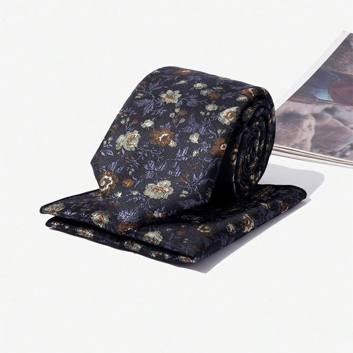Set da uomo con cravatta e fazzoletto da taschino in jacquard floreale vintage - image 5