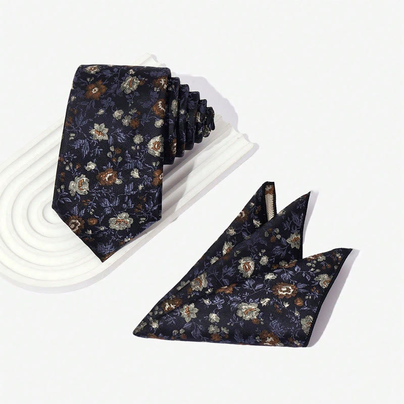 Set da uomo con cravatta e fazzoletto da taschino in jacquard floreale vintage - image 4
