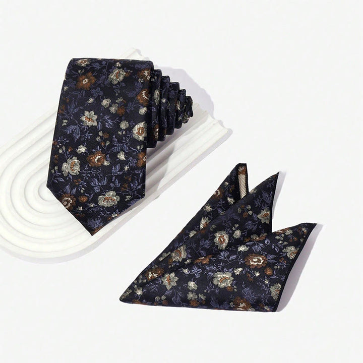 Set da uomo con cravatta e fazzoletto da taschino in jacquard floreale vintage - image 4