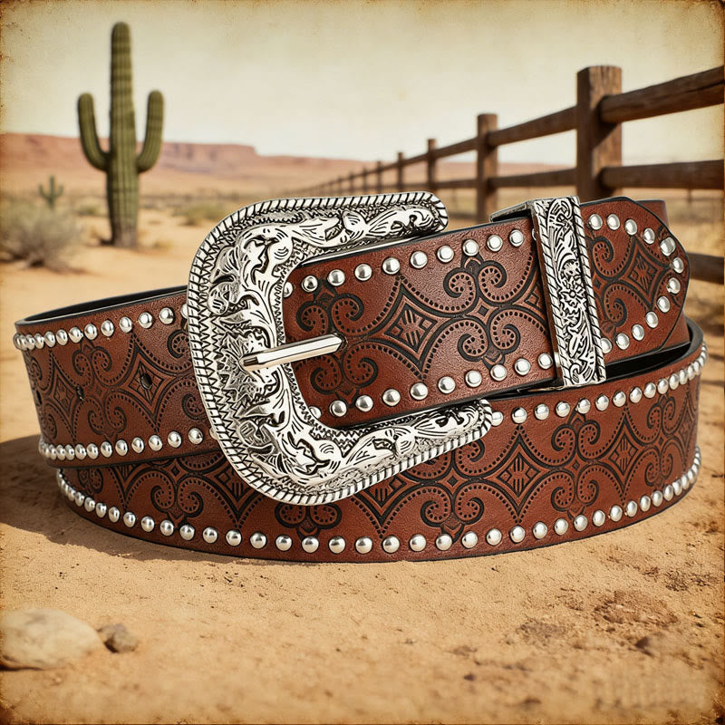 Cintura in pelle con fibbia decorativa modello western - Marrone - 36 - image 0
