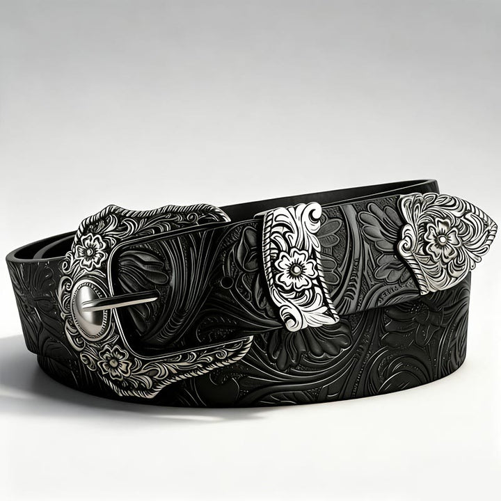 Cintura in pelle con fibbia decorativa in rilievo floreale - Nero - 46 - image 1