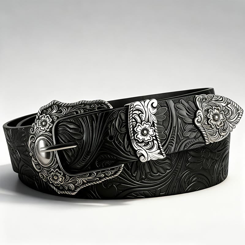 Cintura in pelle con fibbia decorativa in rilievo floreale - Nero - 46 - image 1