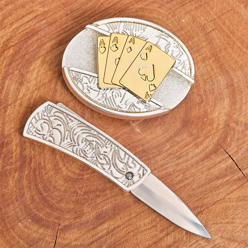 Cintura in pelle da uomo fai da te con fibbia a forma di coltello pieghevole nascosto in oro e argento - image 1