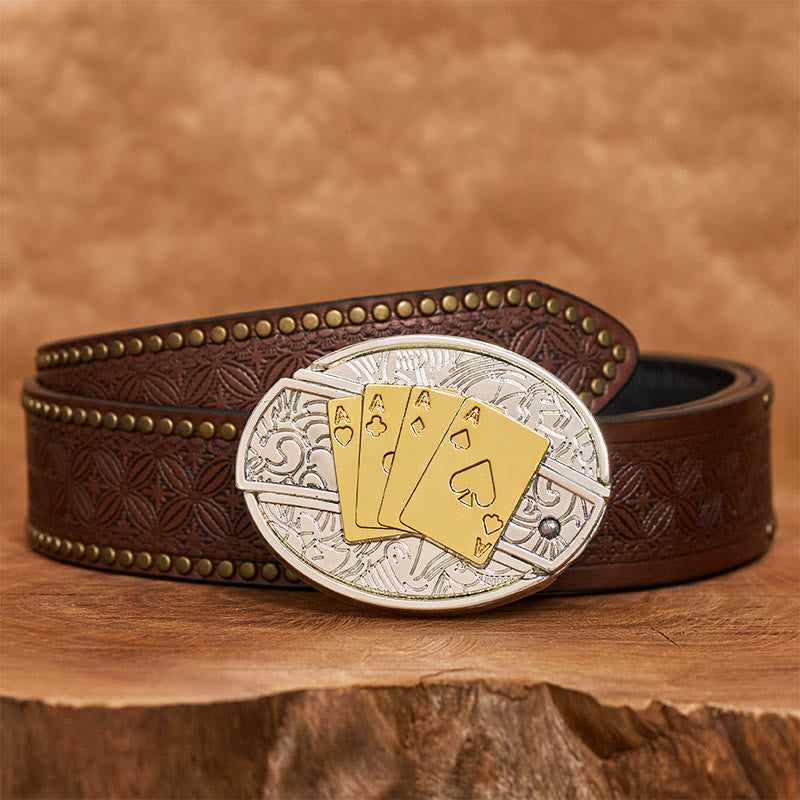 Cintura in pelle da uomo fai da te con fibbia a forma di coltello pieghevole nascosto in oro e argento - Corno lungo - Cintura con rivetti marroni - 42 - image 6