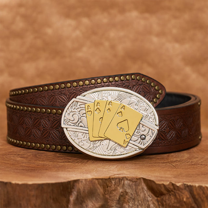 Cintura in pelle da uomo fai da te con fibbia a forma di coltello pieghevole nascosto in oro e argento - Corno lungo - Cintura con rivetti marroni - 42 - image 6