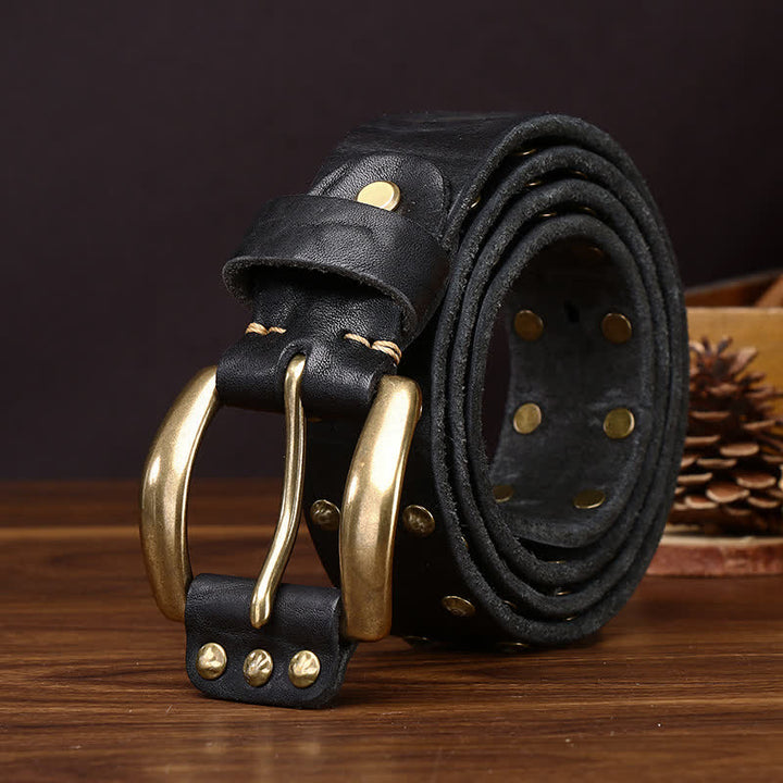 Cintura in pelle borchiata e invecchiata con rivetti in ottone del vecchio West - Nero - 44 - image 5