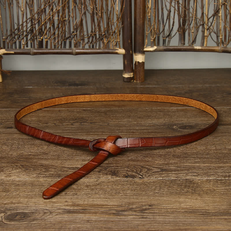 Cintura da donna in pelle con stampa coccodrillo annodata a mano - Marrone - 47,2" (120 cm) - image 4