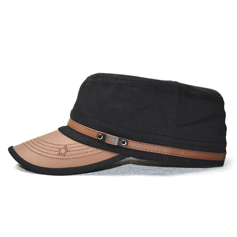 Cappello a cilindro piatto con dettagli in pelle in stile militare e ricamo a stella - image 4