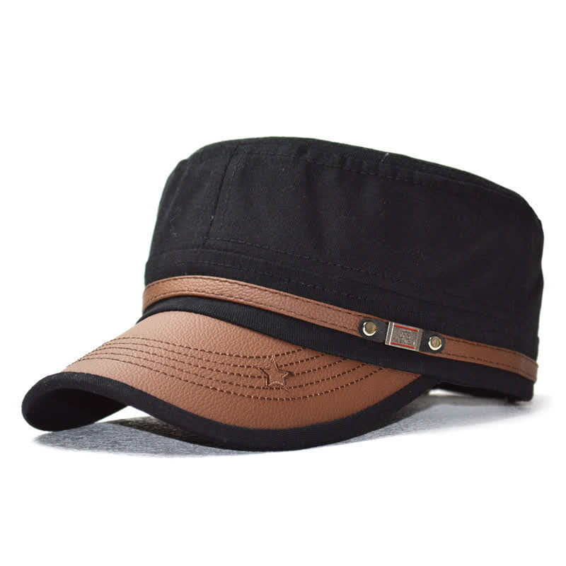 Cappello a cilindro piatto con dettagli in pelle in stile militare e ricamo a stella - Nero - M (22"-22 7/8") - image 1