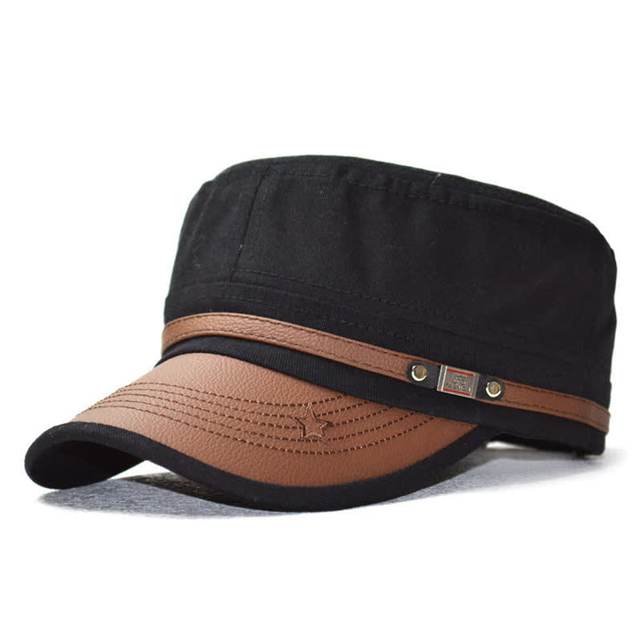 Cappello a cilindro piatto con dettagli in pelle in stile militare e ricamo a stella - Nero - M (22"-22 7/8") - image 1