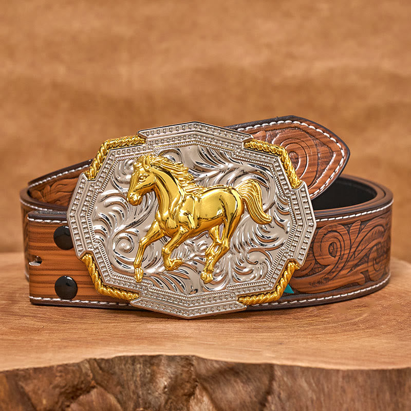 Cintura in pelle da uomo con fibbia in rilievo in oro e argento raffigurante un cavallo al galoppo in stile western - Cintura di piume marroni - 40 - image 7