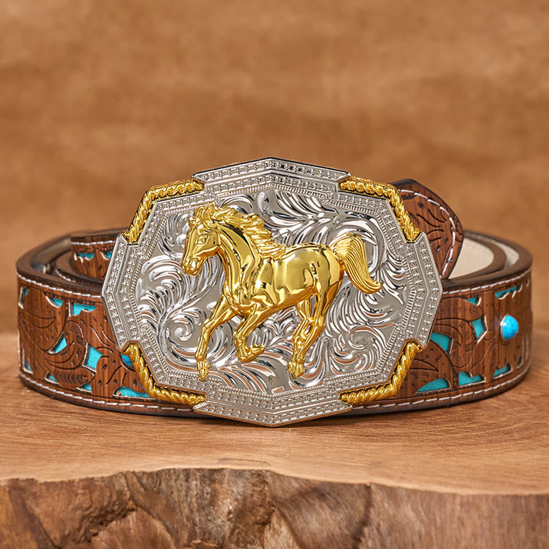 Cintura in pelle da uomo con fibbia in rilievo in oro e argento raffigurante un cavallo al galoppo in stile western - Cintura intagliata turchese - 42 - image 3
