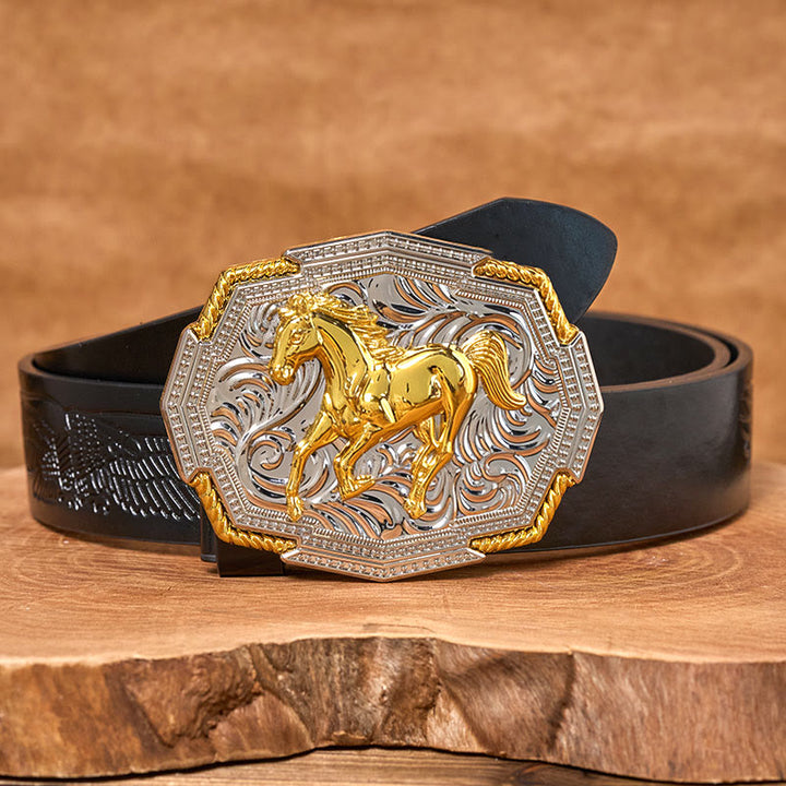 Cintura in pelle da uomo con fibbia in rilievo in oro e argento raffigurante un cavallo al galoppo in stile western - Cintura con aquila in rilievo nera - 42 - image 2