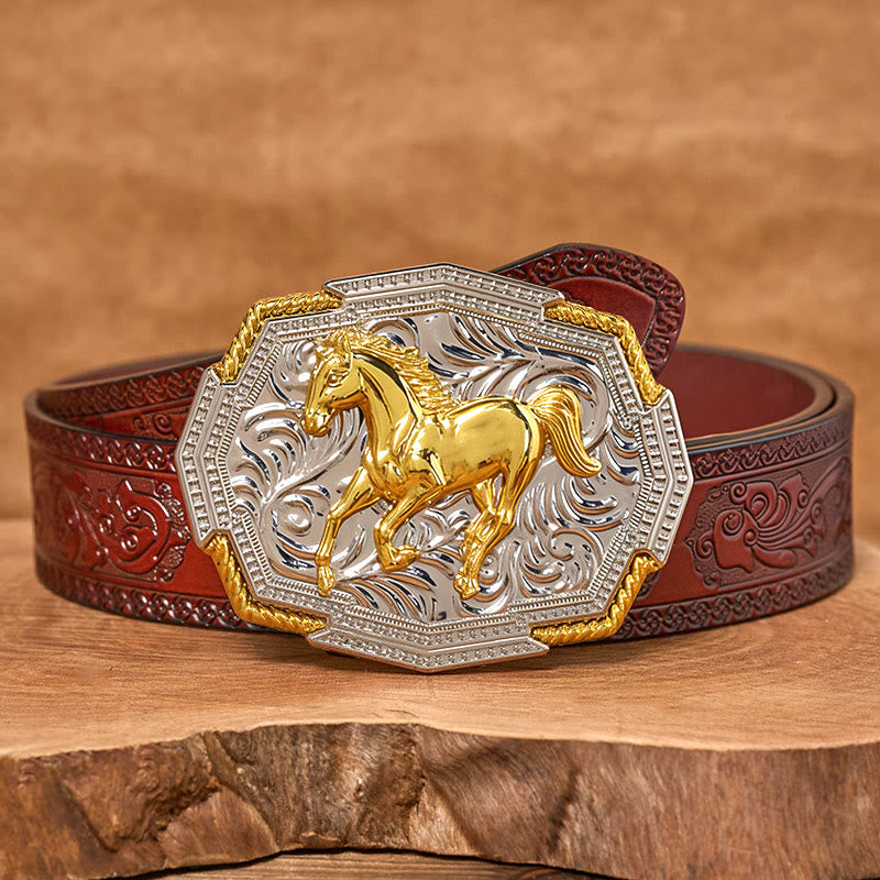 Cintura in pelle da uomo con fibbia in rilievo in oro e argento raffigurante un cavallo al galoppo in stile western - Cintura marrone intagliata - 42 - image 6