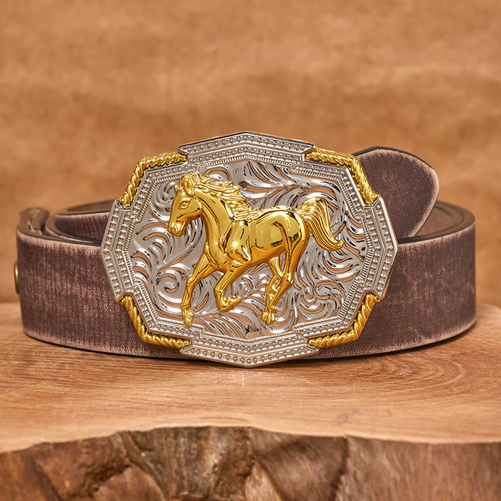 Cintura in pelle da uomo con fibbia in rilievo in oro e argento raffigurante un cavallo al galoppo in stile western - Cintura marrone anticata - 42 - image 5
