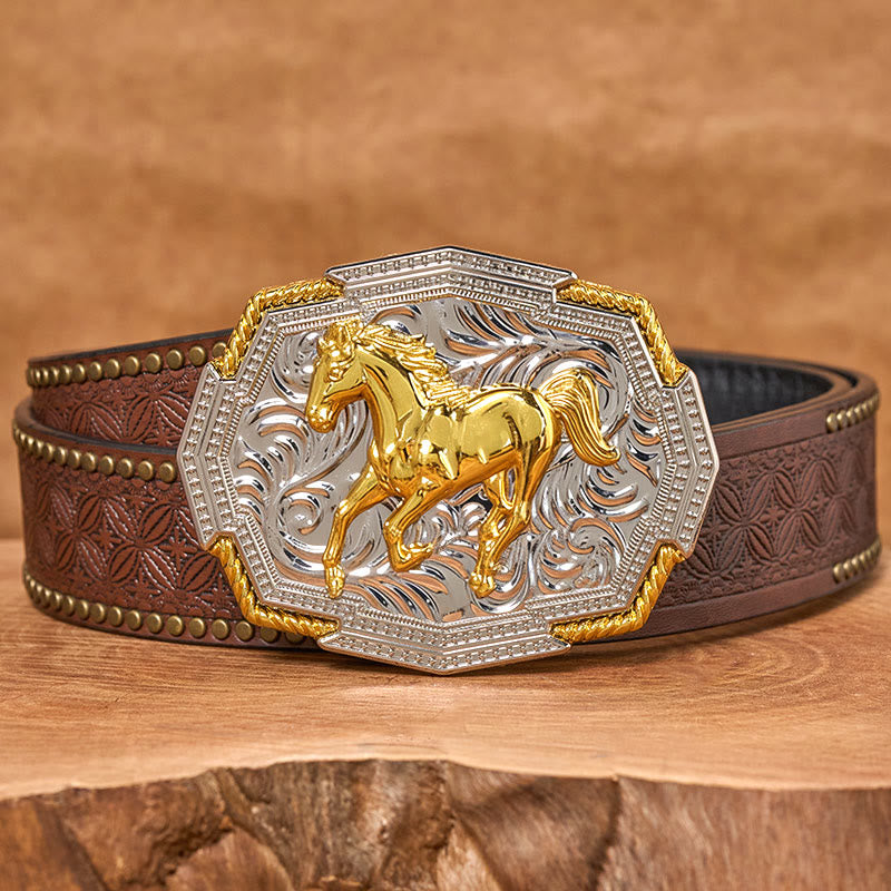 Cintura in pelle da uomo con fibbia in rilievo in oro e argento raffigurante un cavallo al galoppo in stile western - Cintura con rivetti marroni - 42 - image 4