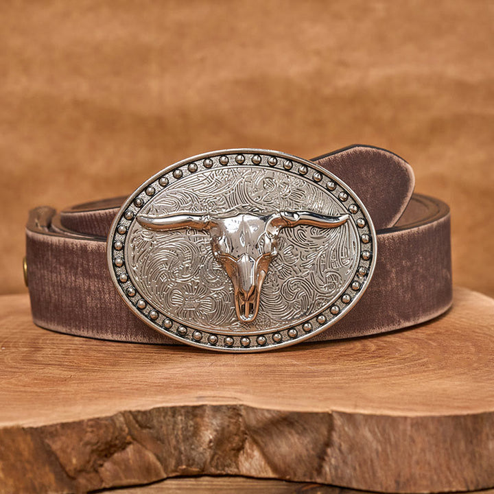 Cintura da uomo in pelle con fibbia ovale Longhorn Bullhead in argento - Cintura marrone anticata - 42 - image 5