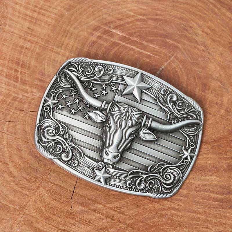 Cintura da uomo in pelle con fibbia a forma di toro Longhorn con bandiera a strisce e stelle in argento vintage - image 1