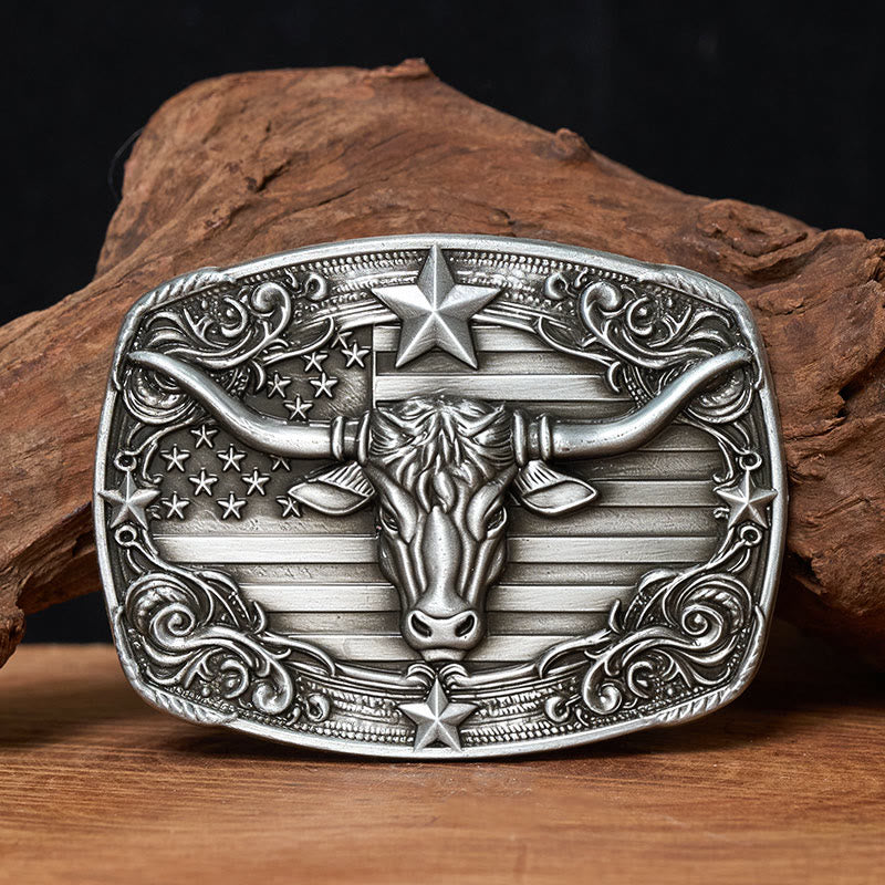 Cintura da uomo in pelle con fibbia a forma di toro Longhorn con bandiera a strisce e stelle in argento vintage - Senza cintura - Cintura non inclusa - image 0