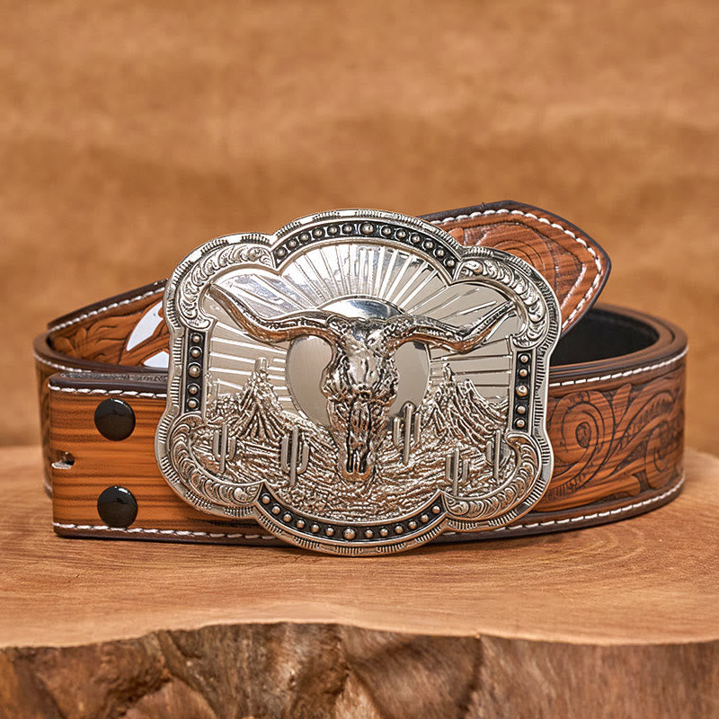 Cintura da uomo in pelle con fibbia in rilievo Western Desert Bullhead - Argento - Cintura di piume marroni - 40 - image 13