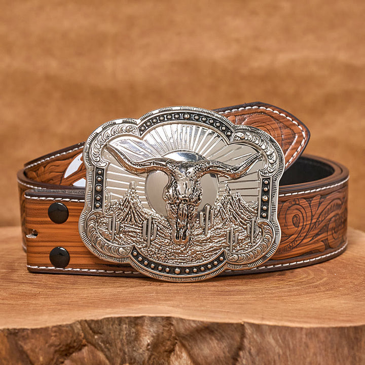 Cintura da uomo in pelle con fibbia in rilievo Western Desert Bullhead - Argento - Cintura di piume marroni - 40 - image 13