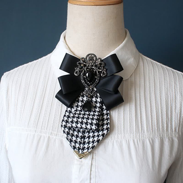 Cravatta da donna con motivo pied de poule e cristalli decorati - Nero - image 0