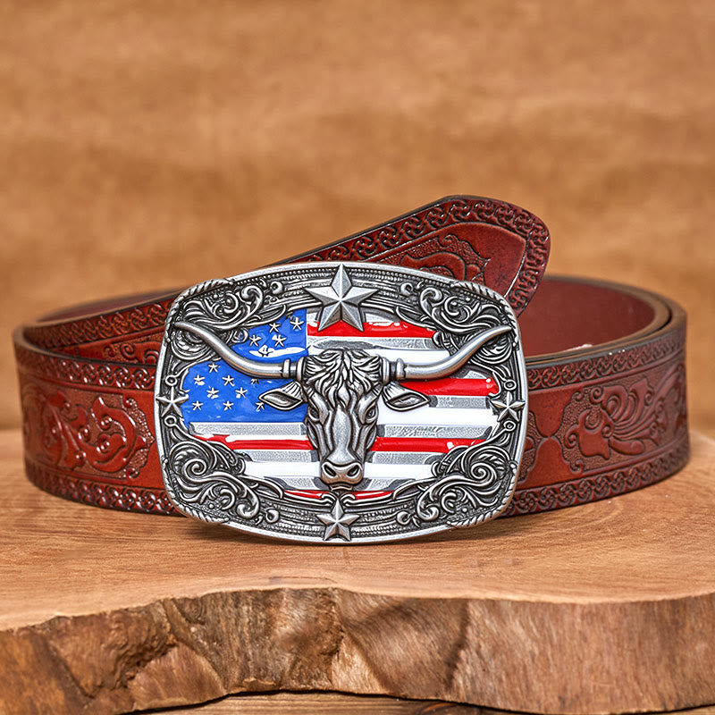 Cintura da uomo in pelle con fibbia a forma di toro Longhorn con bandiera a strisce e stelle colorate - Argento - Cintura marrone intagliata - 42 - image 12