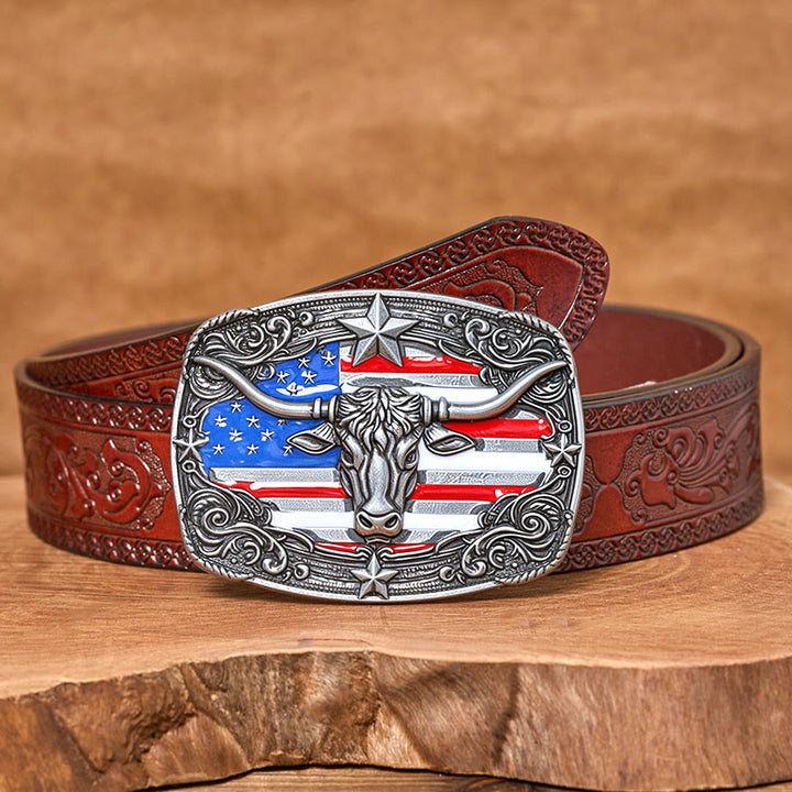 Cintura da uomo in pelle con fibbia a forma di toro Longhorn con bandiera a strisce e stelle colorate - Argento - Cintura marrone intagliata - 42 - image 12