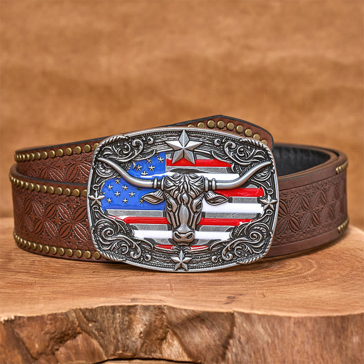 Cintura da uomo in pelle con fibbia a forma di toro Longhorn con bandiera a strisce e stelle colorate - Argento - Cintura con rivetti marroni - 42 - image 8