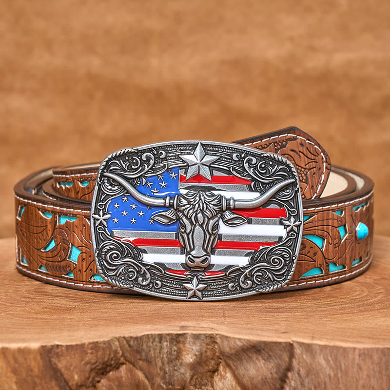 Cintura da uomo in pelle con fibbia a forma di toro Longhorn con bandiera a strisce e stelle colorate - Argento - Cintura intagliata turchese - 42 - image 6