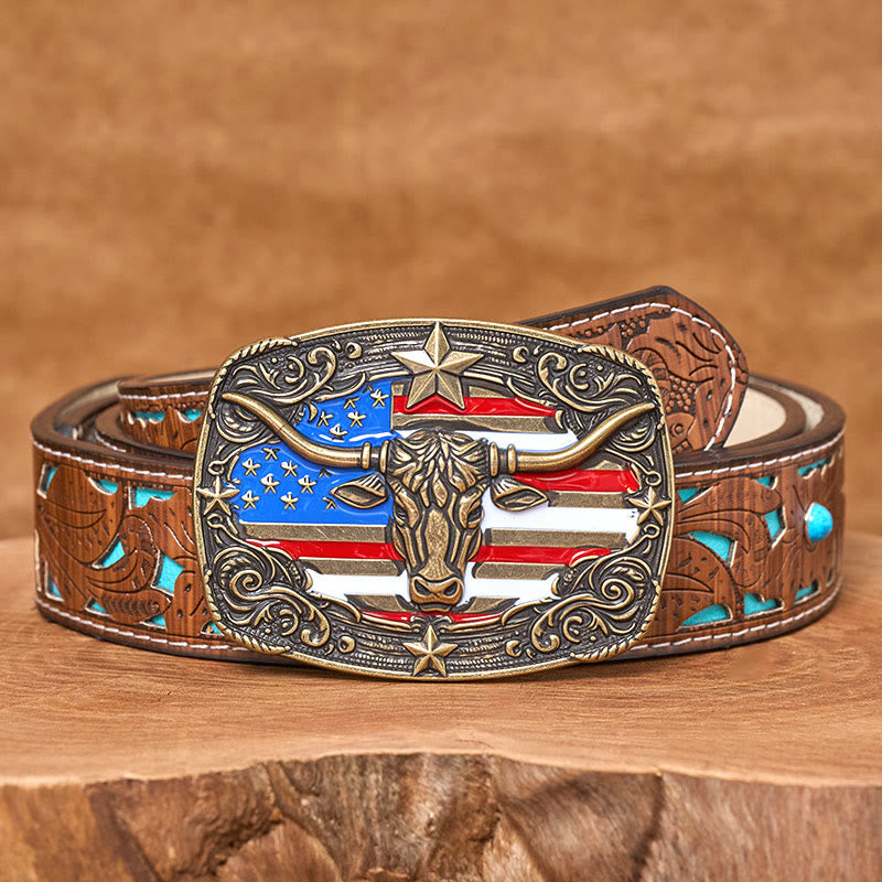 Cintura da uomo in pelle con fibbia a forma di toro Longhorn con bandiera a strisce e stelle colorate - Bronzo - Cintura intagliata turchese - 42 - image 7