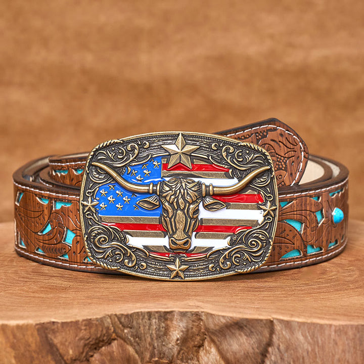 Cintura da uomo in pelle con fibbia a forma di toro Longhorn con bandiera a strisce e stelle colorate - Bronzo - Cintura intagliata turchese - 42 - image 7