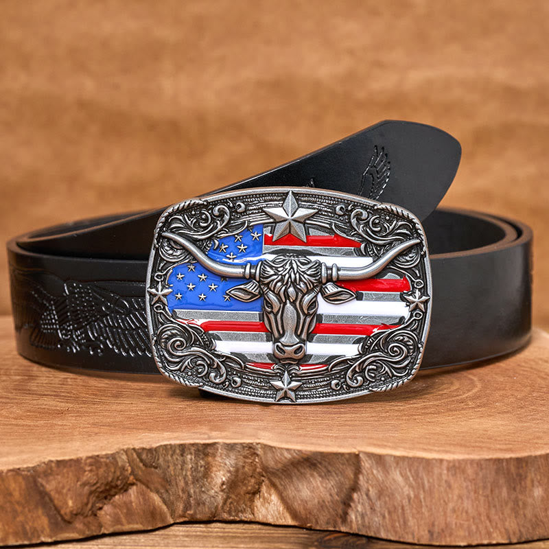 Cintura da uomo in pelle con fibbia a forma di toro Longhorn con bandiera a strisce e stelle colorate - Argento - Cintura con aquila in rilievo nera - 42 - image 4